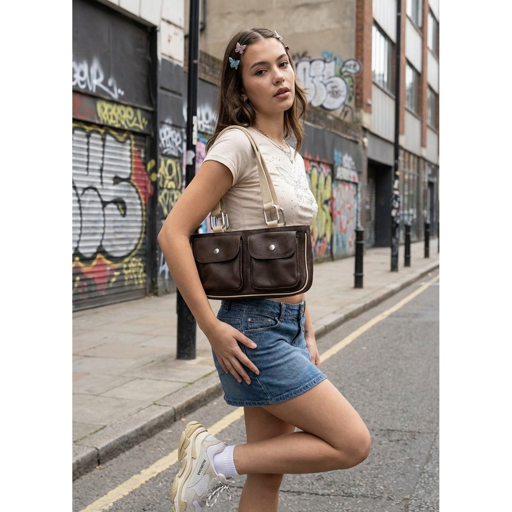 Dulce Y2K Brown Leather Shoulder Bag Cargo Pocket Baguette Purse Made in Brazil